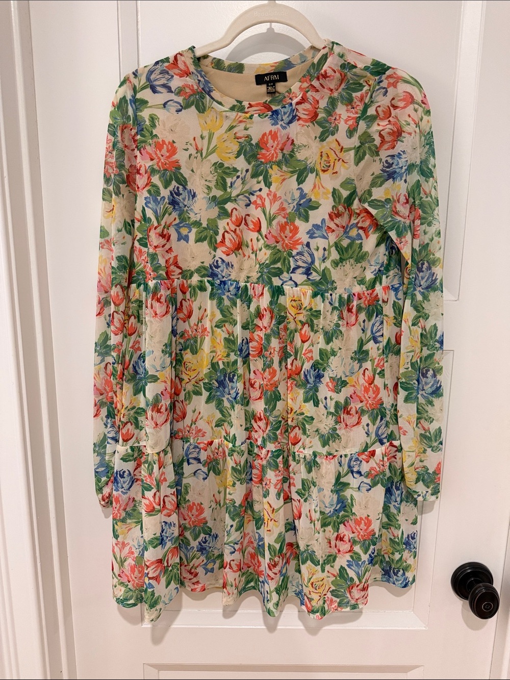 Revolve AFRM Cream Floral Tiered Long-Sleeve Mini Dress